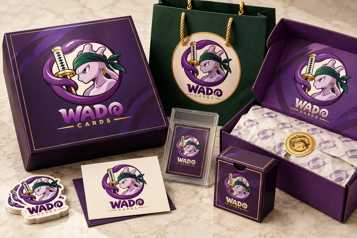 Packaging WADO CARDS: box viola, shopper verde, sleeve e sigillo oro